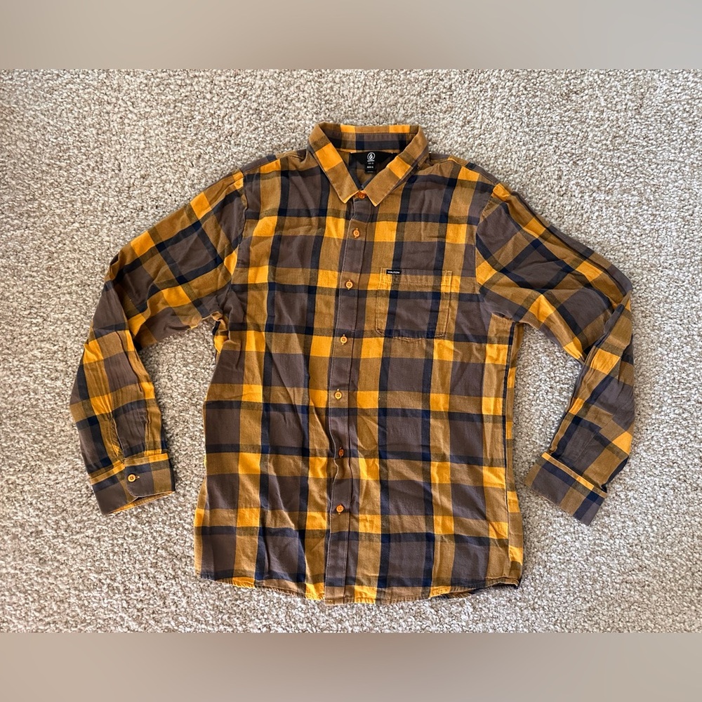 Volcom Men's Yellow and Gray Plaid Shirt